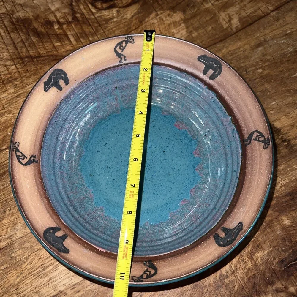 Vintage A&A Art Pottery Centerpiece Bowl Teal Blue Aztec Design Bear RARE